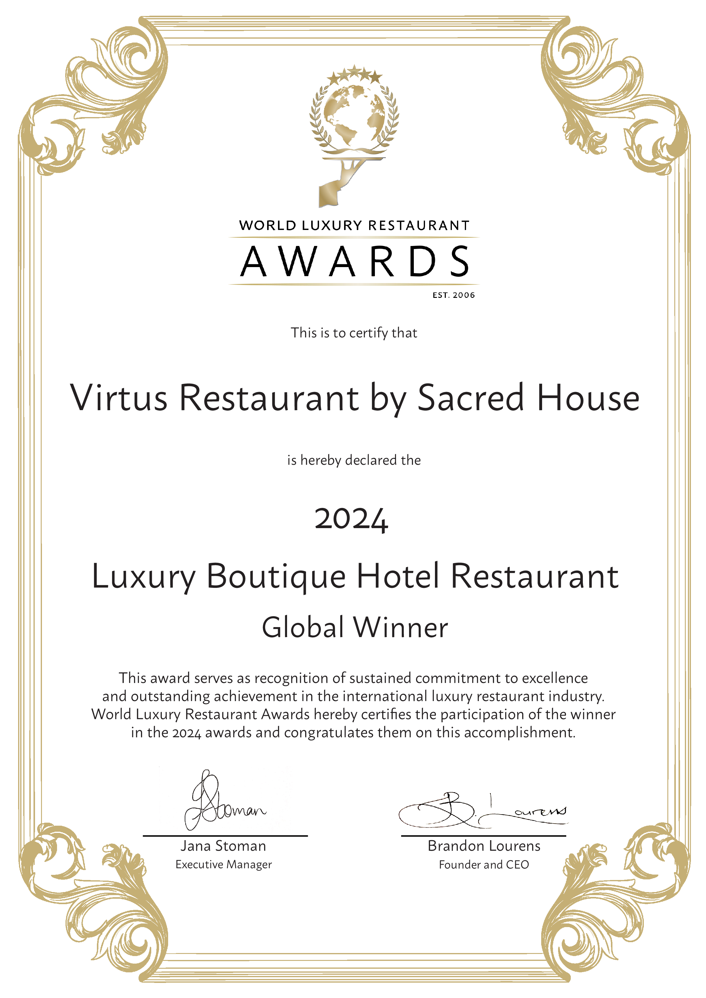 Luxury Boutique Hotel Restaurant - Global Winner 2024